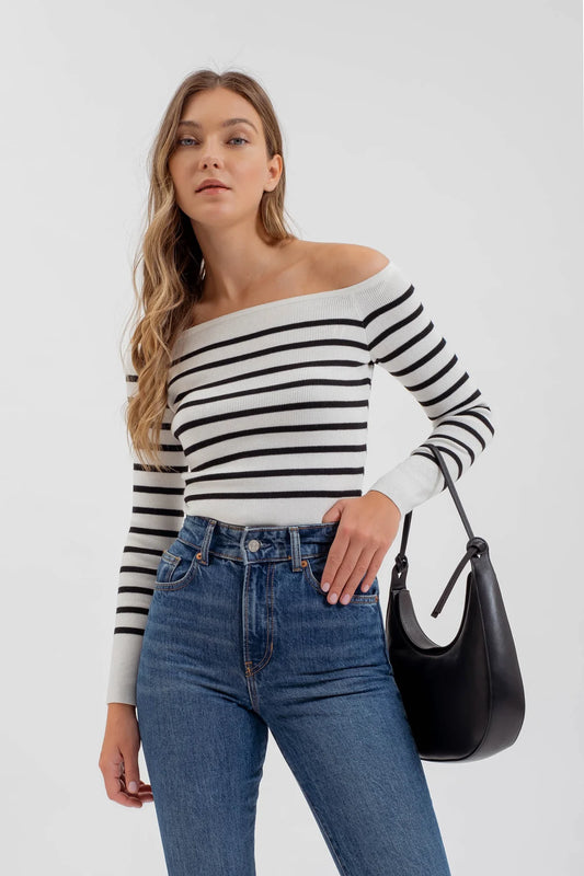 Ivory Stripe Off the Shoulder Sweater