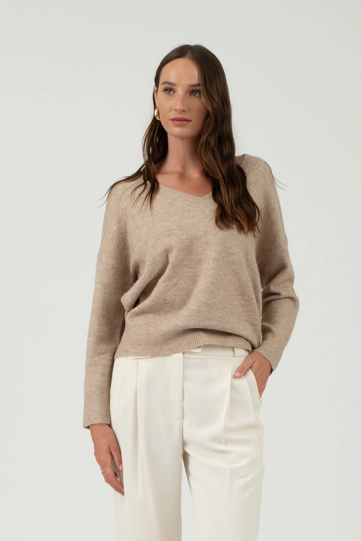 Light Taupe V Neck Knit Sweater