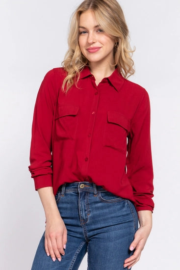 Long Sleeve Front Pocket Red Shirt