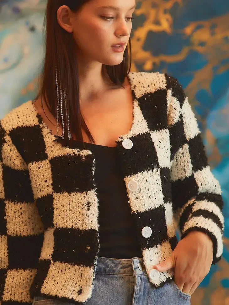 Checker Crop Cardigan Sweater