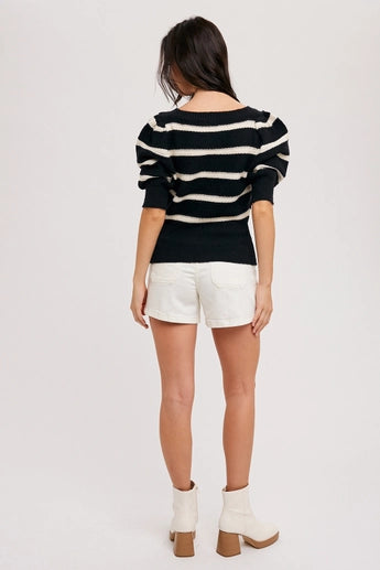 BLK and White Puff Sleeve Sweater