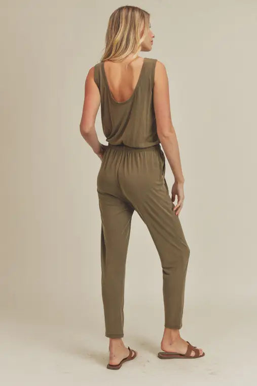 Green Jumpsuit with Drawstring Waist Tie and Pockets