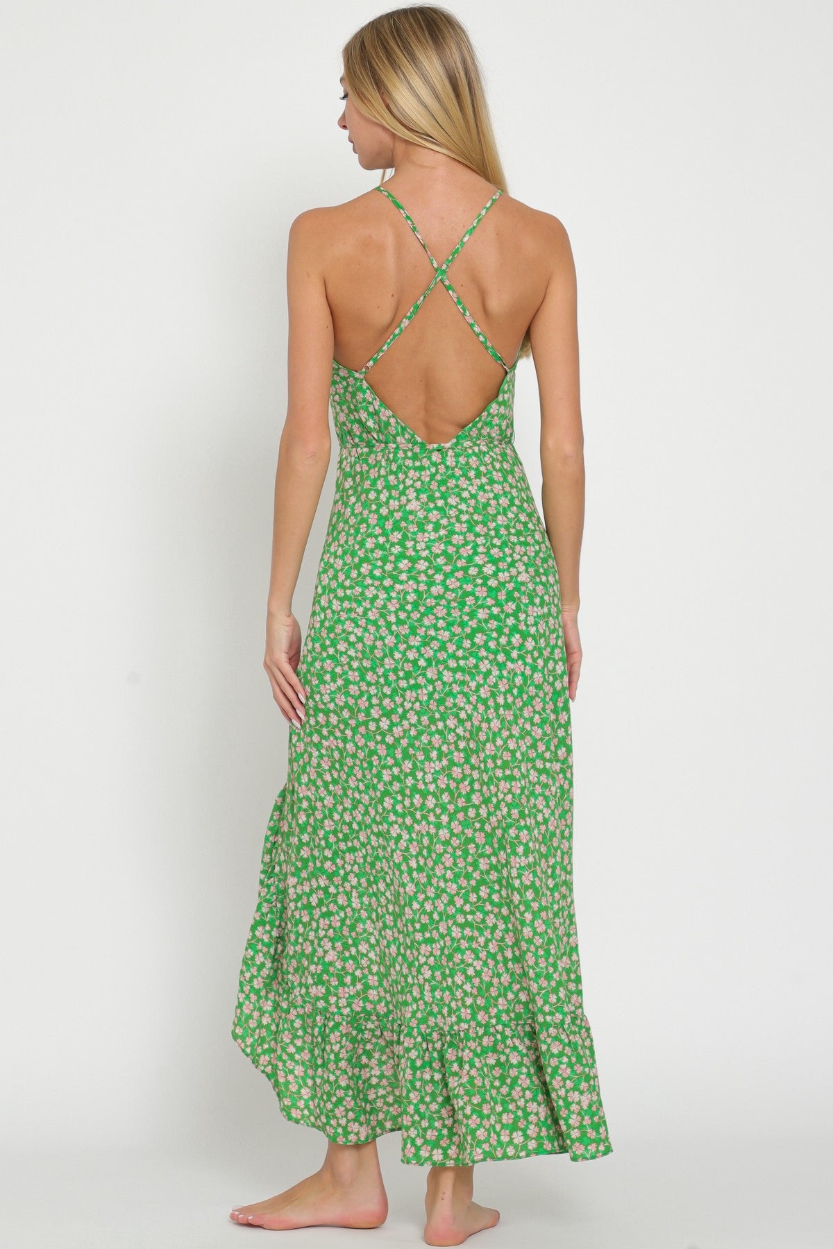 Green Floral Ruffle Hem Maxi Dress