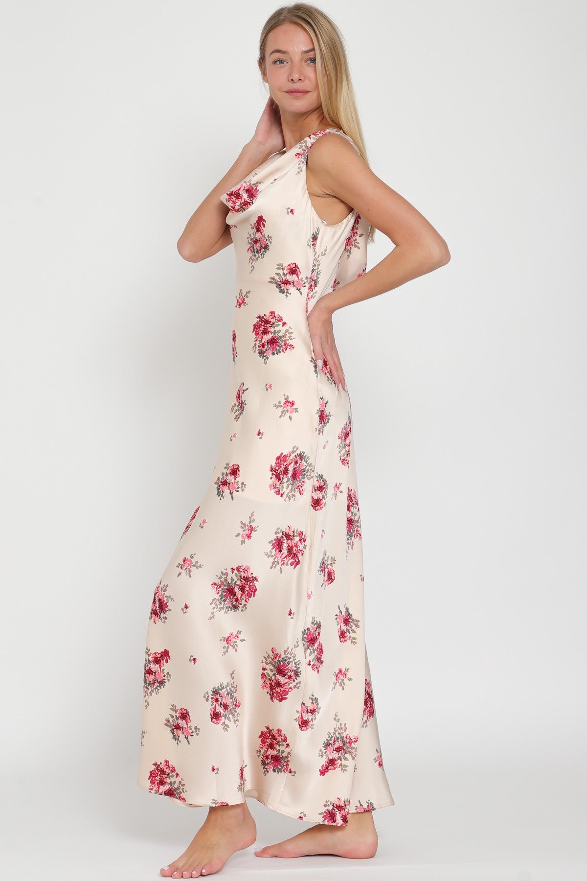 Light Sand Red Cowl Neck Maxi Dress