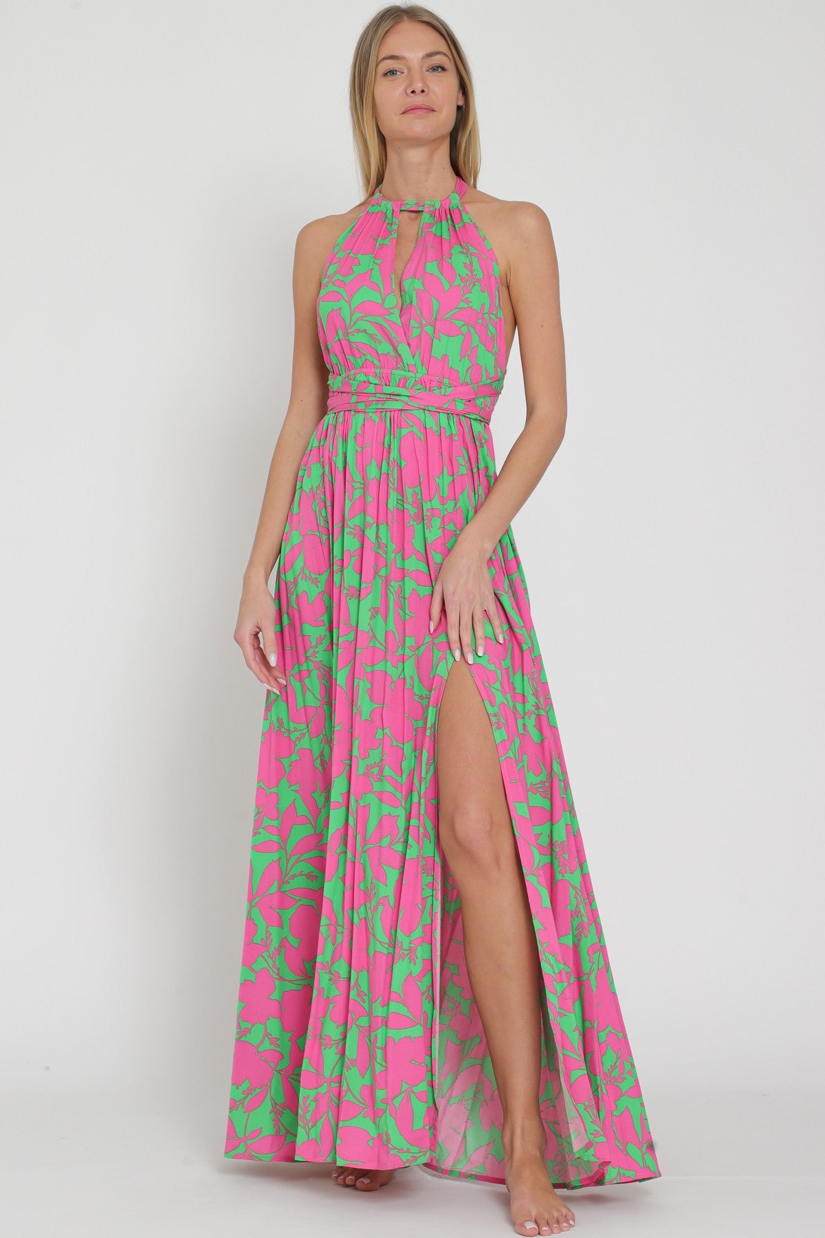 Halter Green Fuchsia Maxi Dress