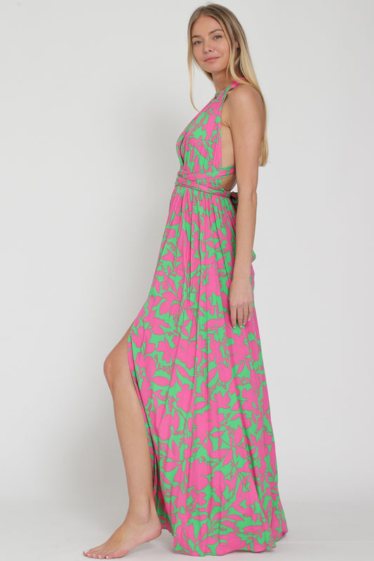 Halter Green Fuchsia Maxi Dress