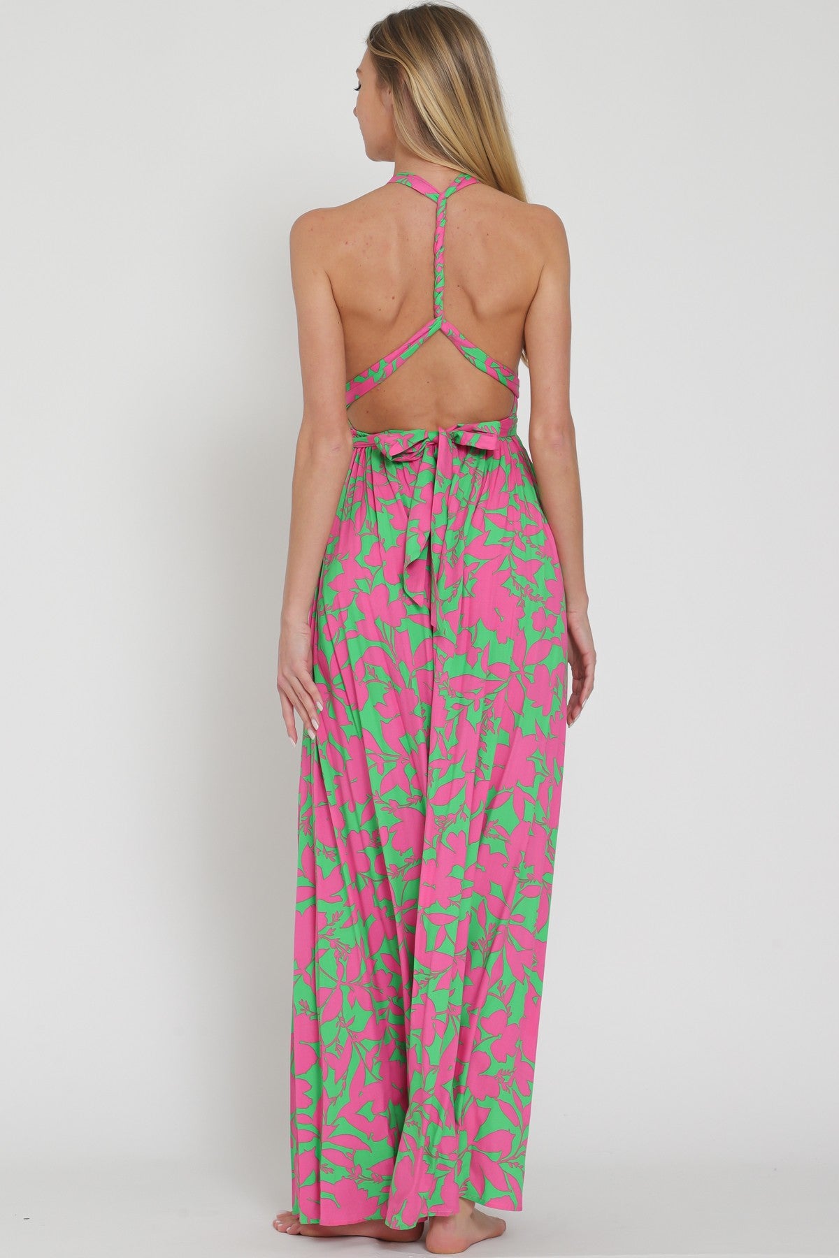 Halter Green Fuchsia Maxi Dress