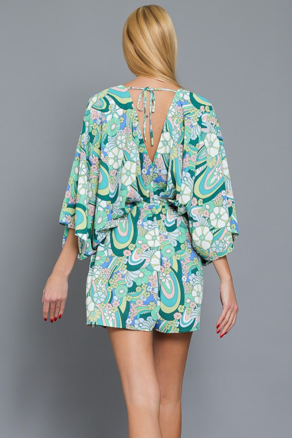 Green Pink Kimono Romper