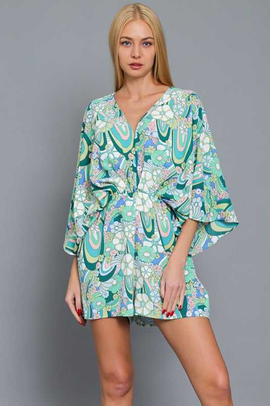 Green Pink Kimono Romper