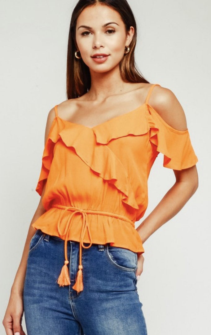 Tangerine Ruffle Top with Front Tie